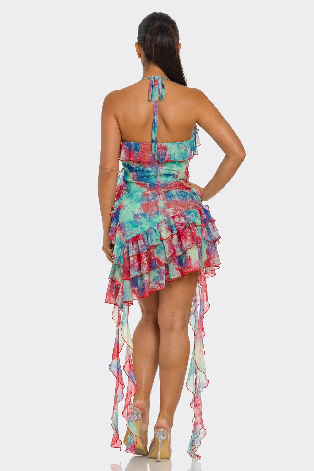 Melting Printed Mesh Ruffle Dress With Corsage
