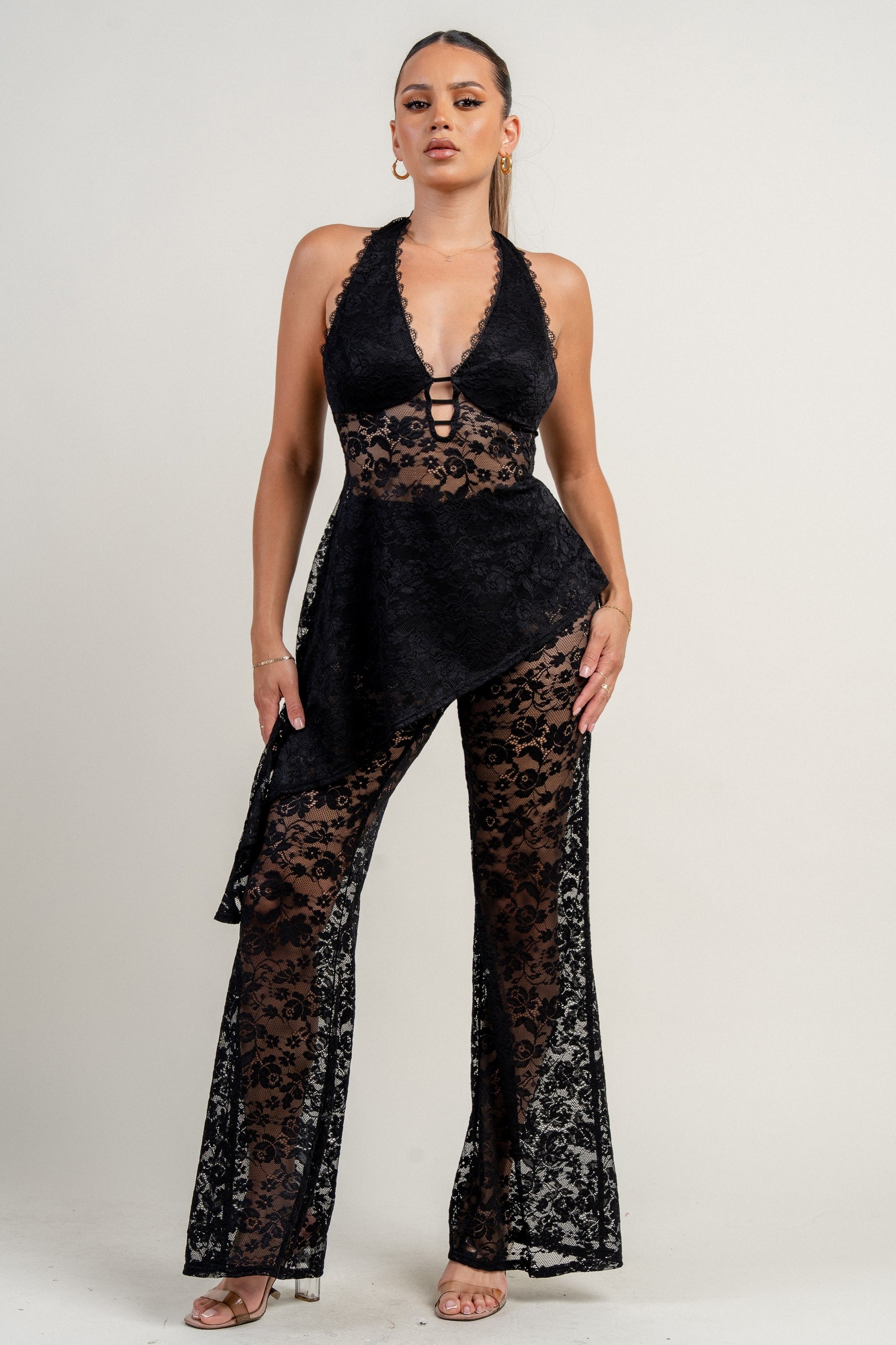Halter Neck Deep Plunge Asymmetrical Flare Pants