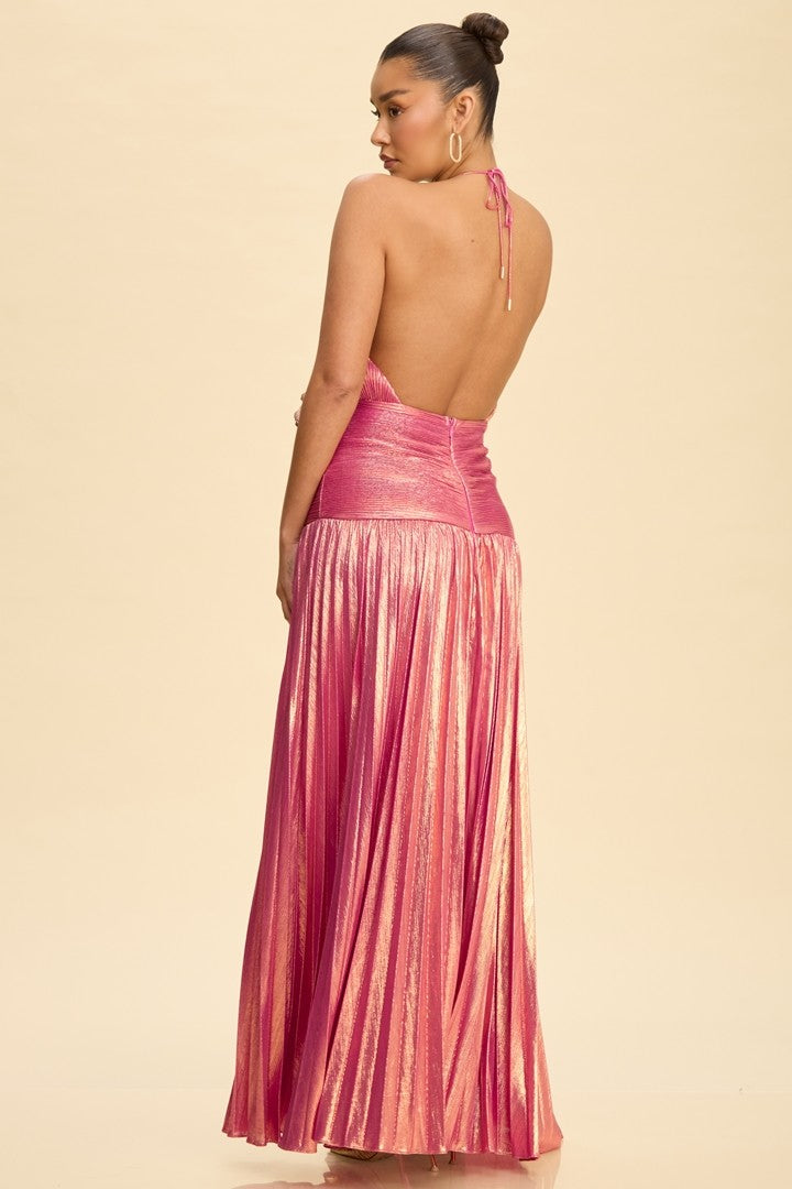 Pleated Metallic Halter Gown