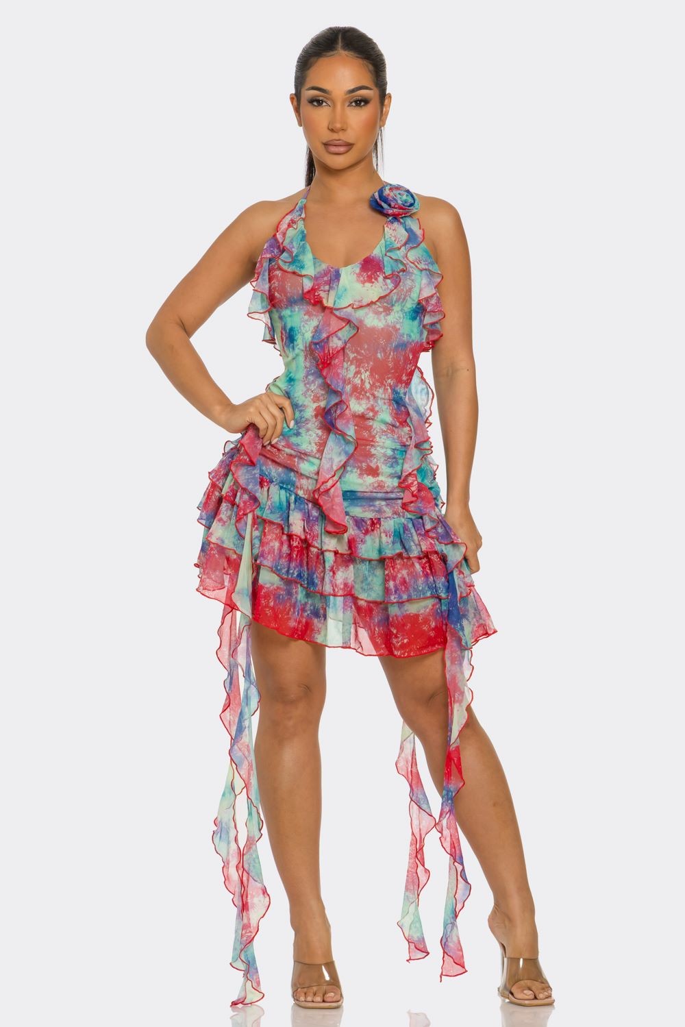Melting Printed Mesh Ruffle Dress With Corsage