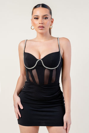 Luxe Rhinestone Trim Straps Sweetheart Mini Dress