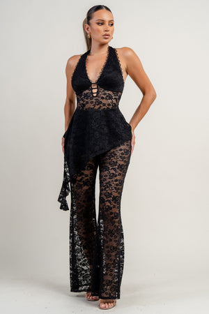 Halter Neck Deep Plunge Asymmetrical Flare Pants