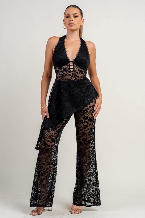 Halter Neck Deep Plunge Asymmetrical Flare Pants