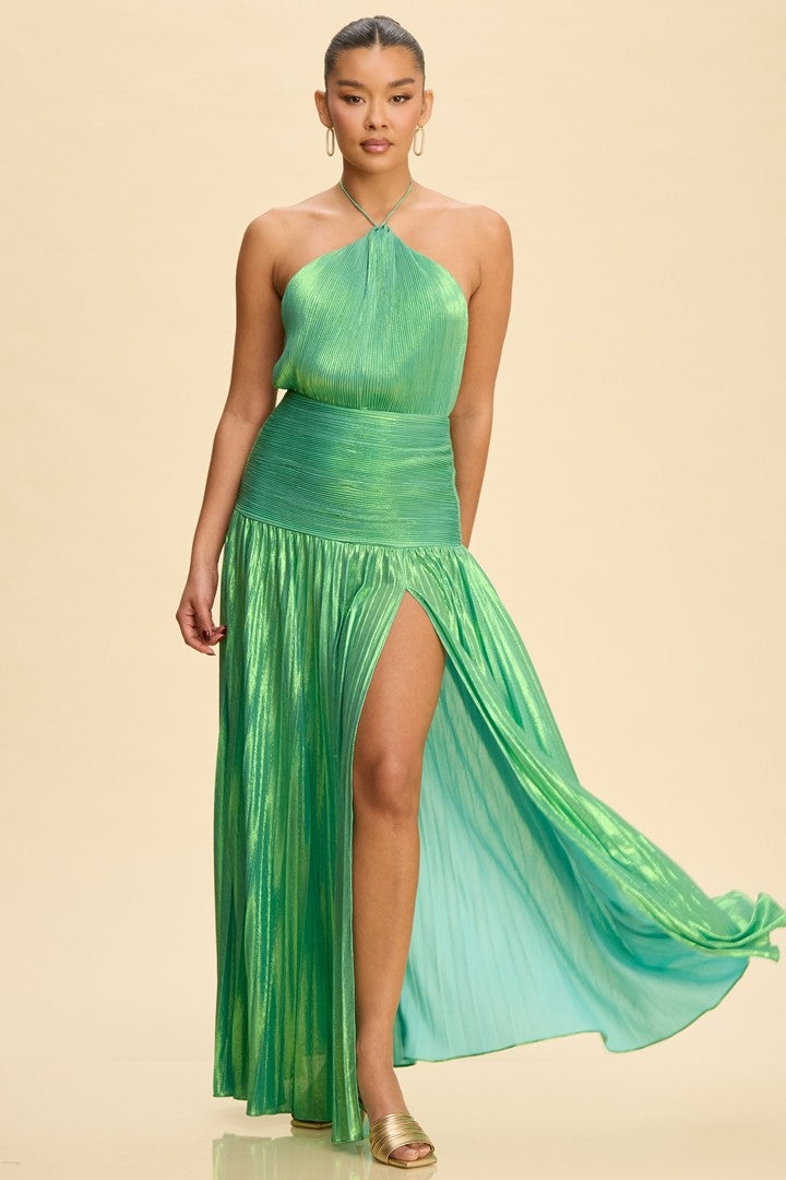 Pleated Metallic Halter Gown