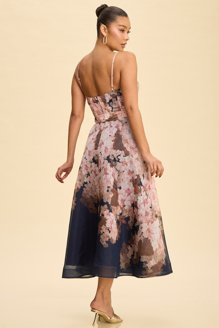 Fall Florals Midi Belted Dress L / PINK MULTI Fall Florals Midi Belted Dress L / PINK MULTI