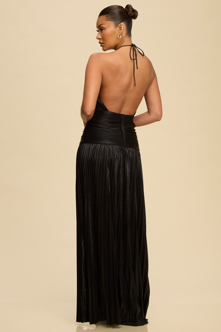 Pleated Metallic Halter Gown